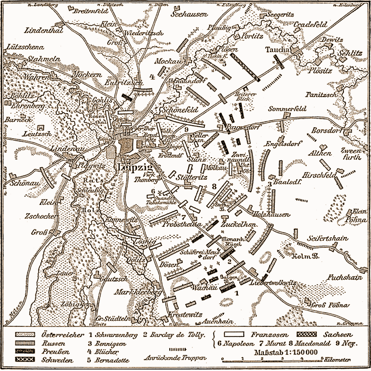 Leipzig: Karte der Truppenstellungen am 18. Oktober 1813