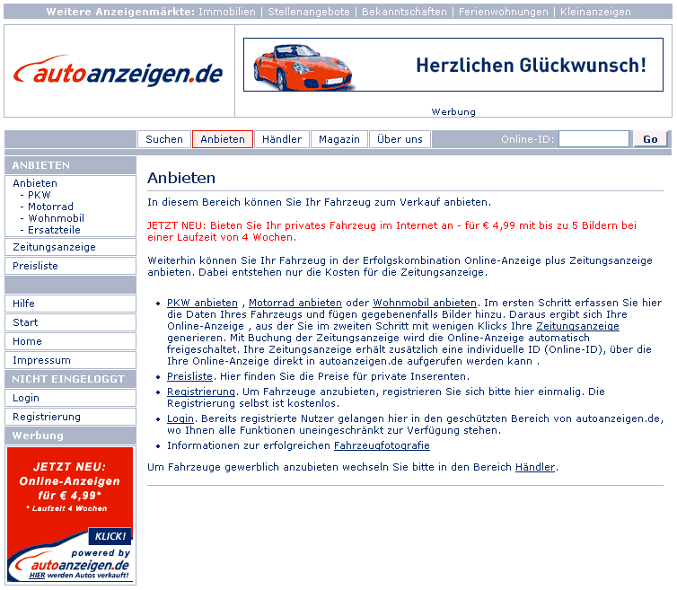Bei autoanzeigen.de finden Sie ber 400.000 Fahrzeuge aus fhrenden Tageszeitungen und Online Zeitung. Inserieren Sie in ihrer regionalen Zeitung  & Online fr EURO 4.99