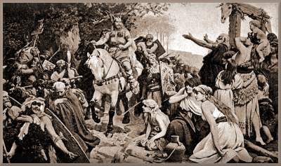 Germanische Krieger kommen siegreich aus der Schlacht zur�ck